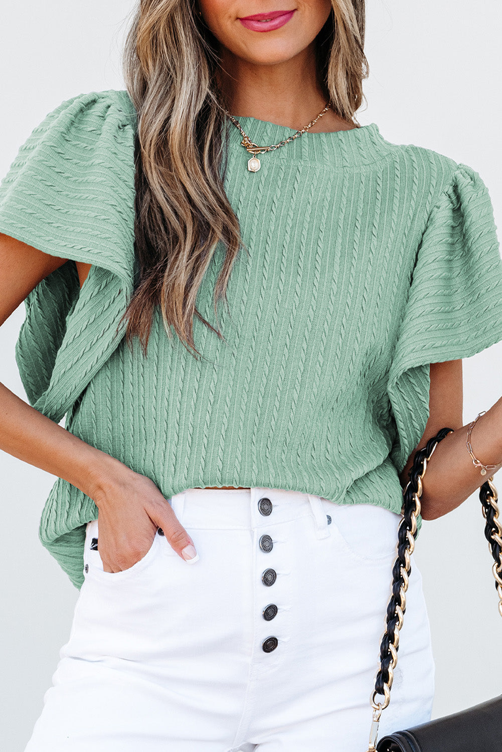 Moonlight Jade Solid Color Textured Flutter Sleeve Top for Women Love Salve